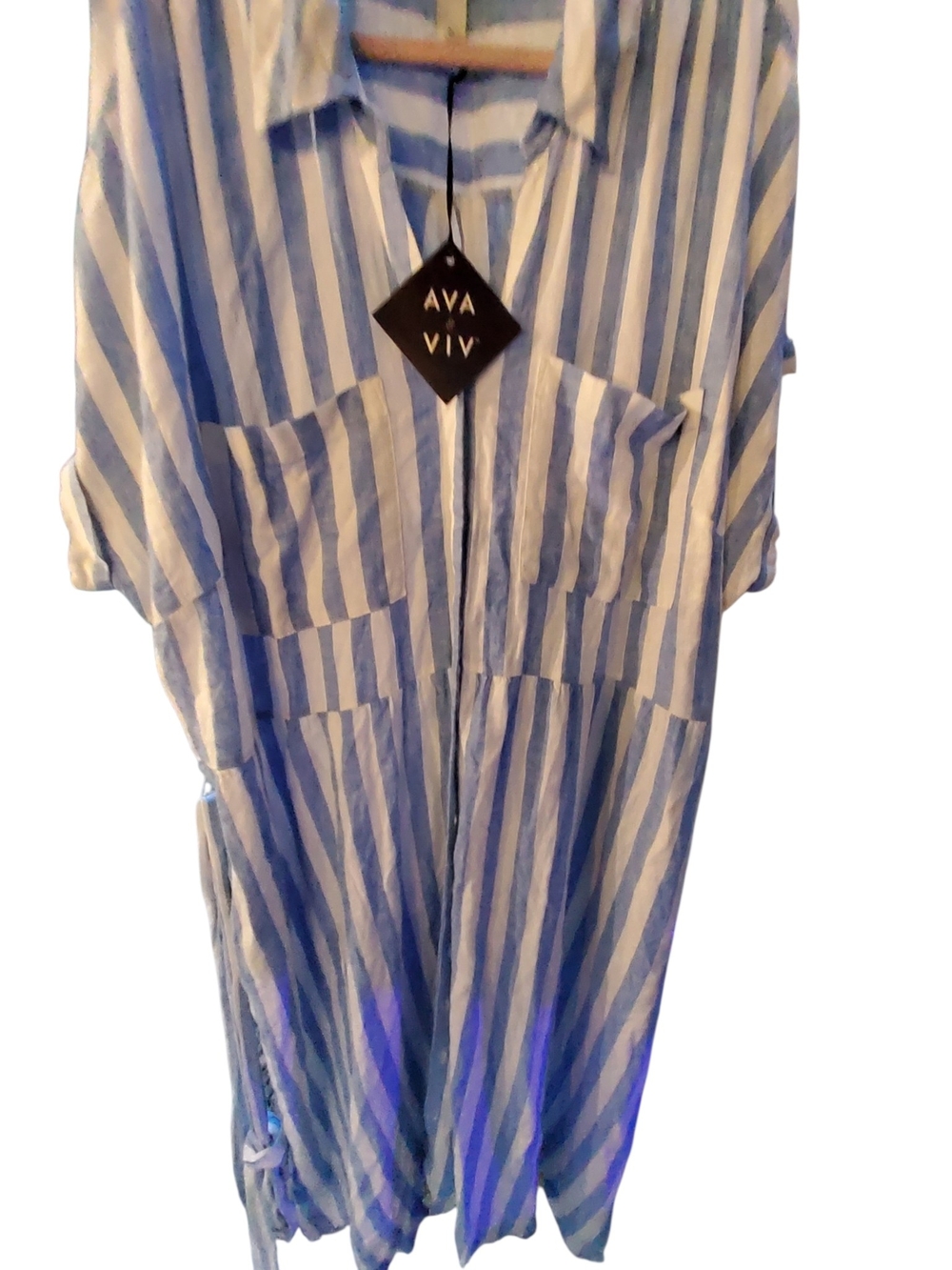 Ava & Viv Blue and White Striped Midi Shirt Dress with Tie Waist - Picture 4 of 7